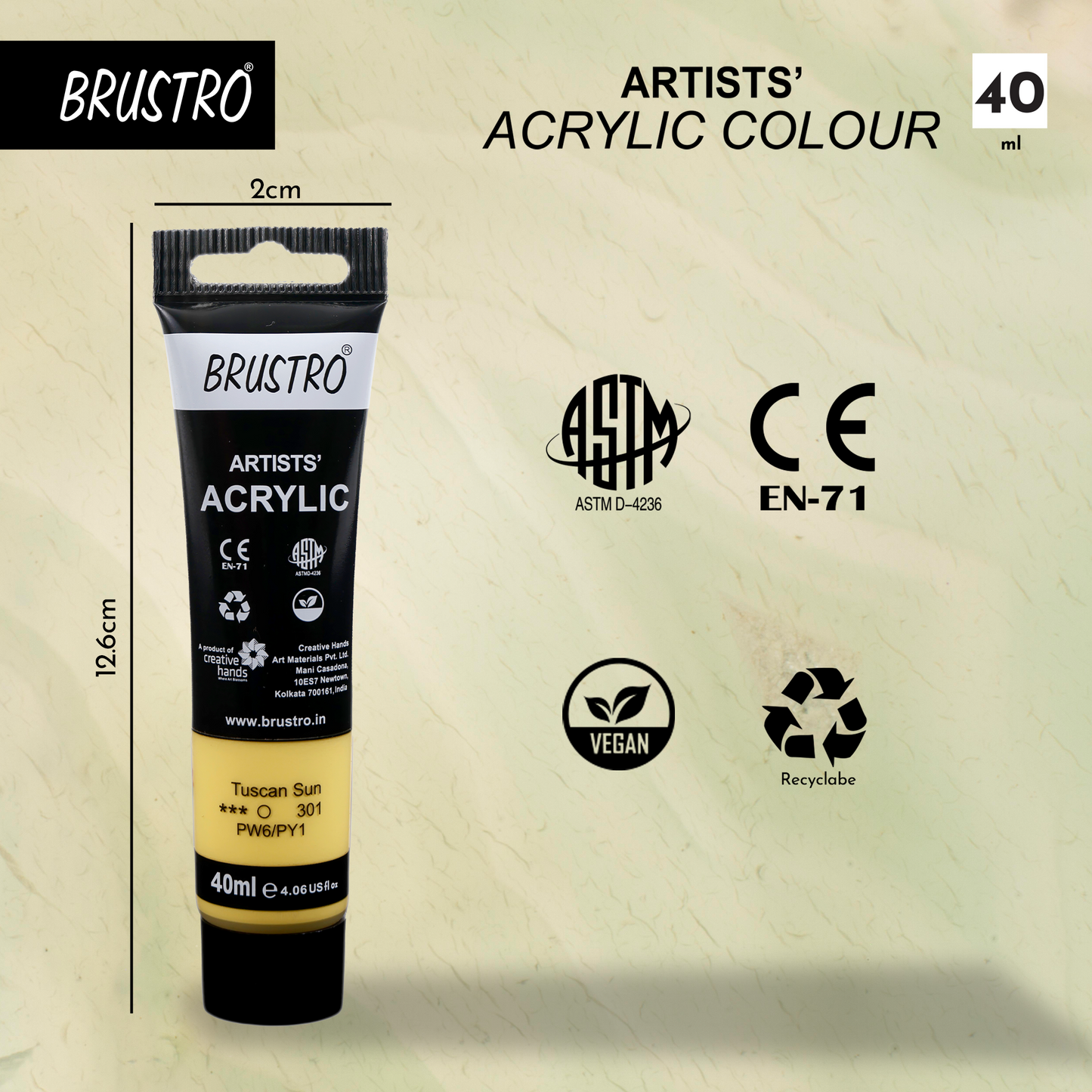 BRUSTRO Artists Acrylic Paint |40ml, Tuscan Sun, Pastel Tone, Pack Of 6 Tubes|Non-Toxic,Water based,Inter Mixable,Ideal for Painting,Textured Effects on Canvas,Paper,Fine Art Student and Professionals