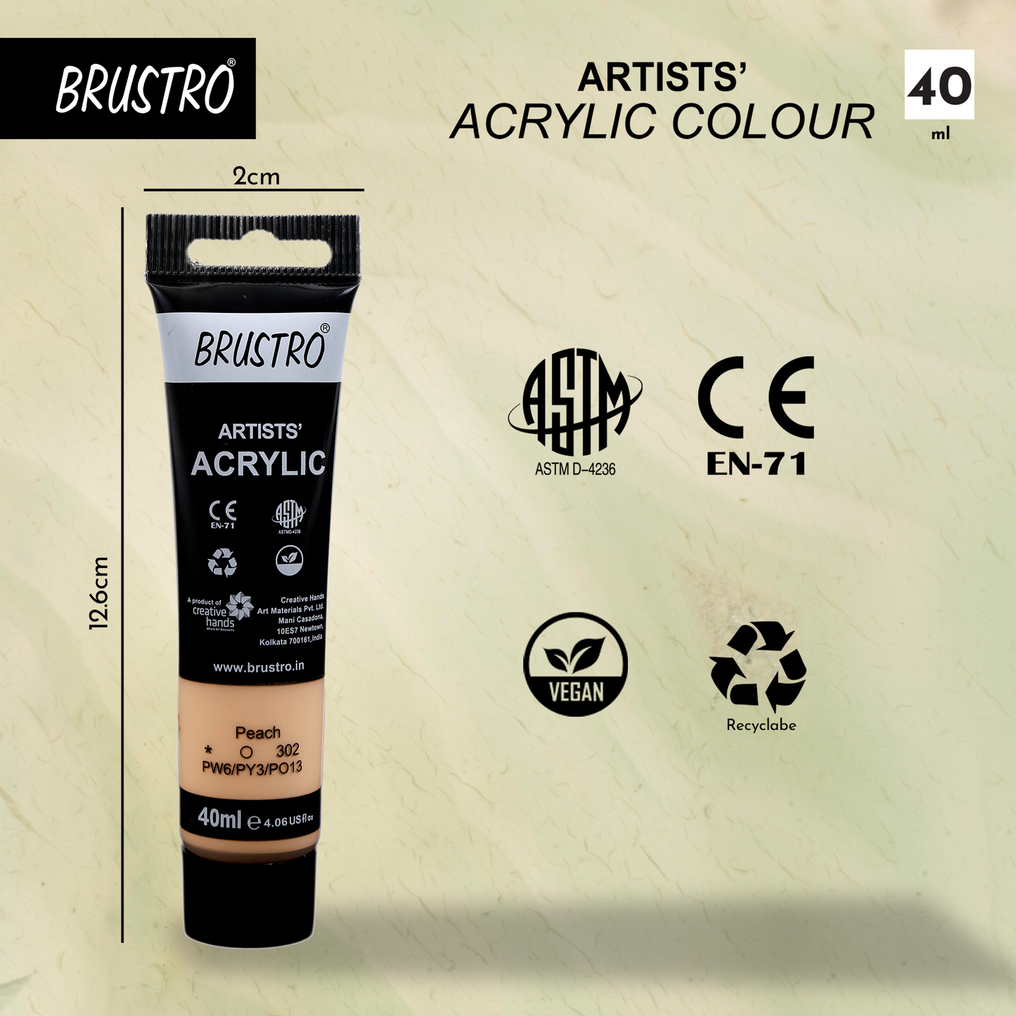 BRUSTRO Artists Acrylic Paint Tube | 40ml, Peach | Pastel Tone|Non-Toxic, Water based, Inter Mixable, Ideal for Painting, Textured Effects on Canvas, Paper, Fine Art Student and Professionals