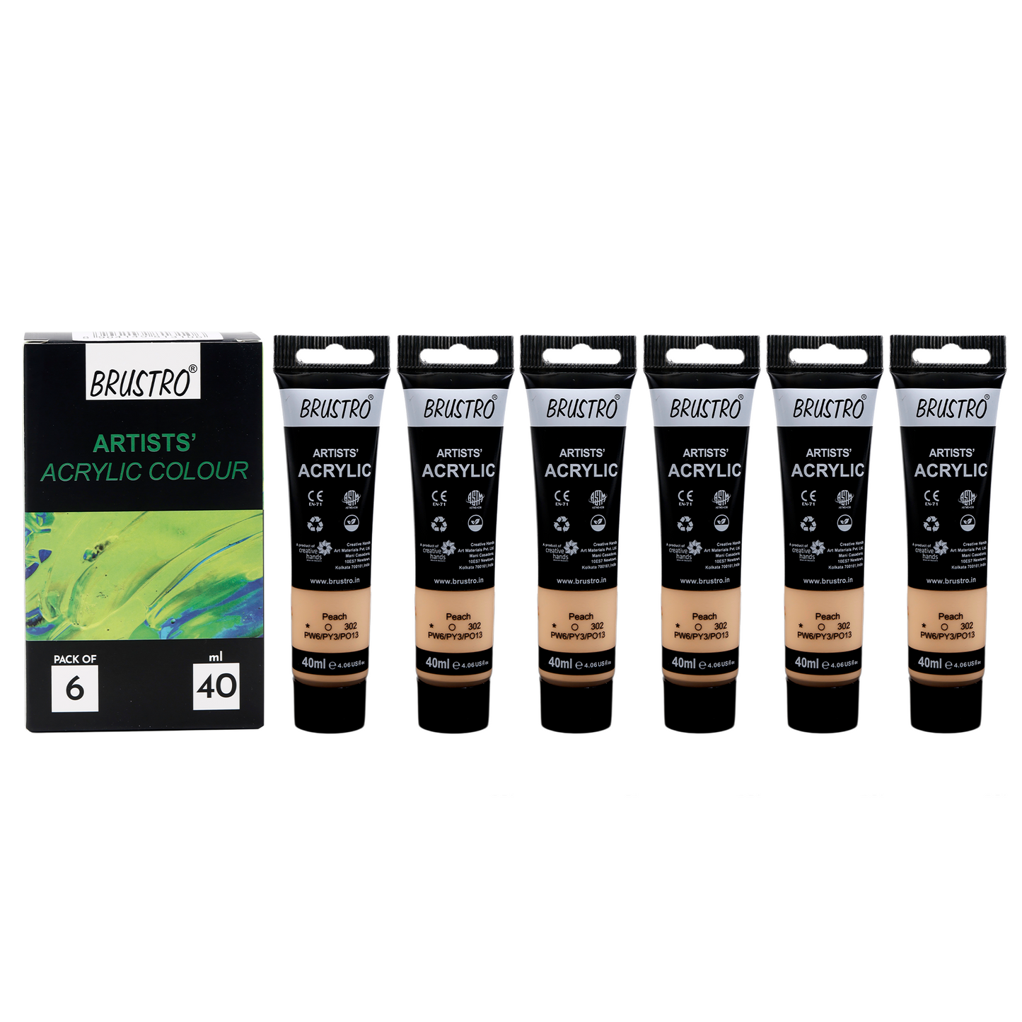 BRUSTRO Artists Acrylic Paint |40ml, Peach, Pastel Tone, Pack Of 6 Tubes|Non-Toxic,Water based,Inter Mixable,Ideal for Painting,Textured Effects on Canvas,Paper,Fine Art Student and Professionals