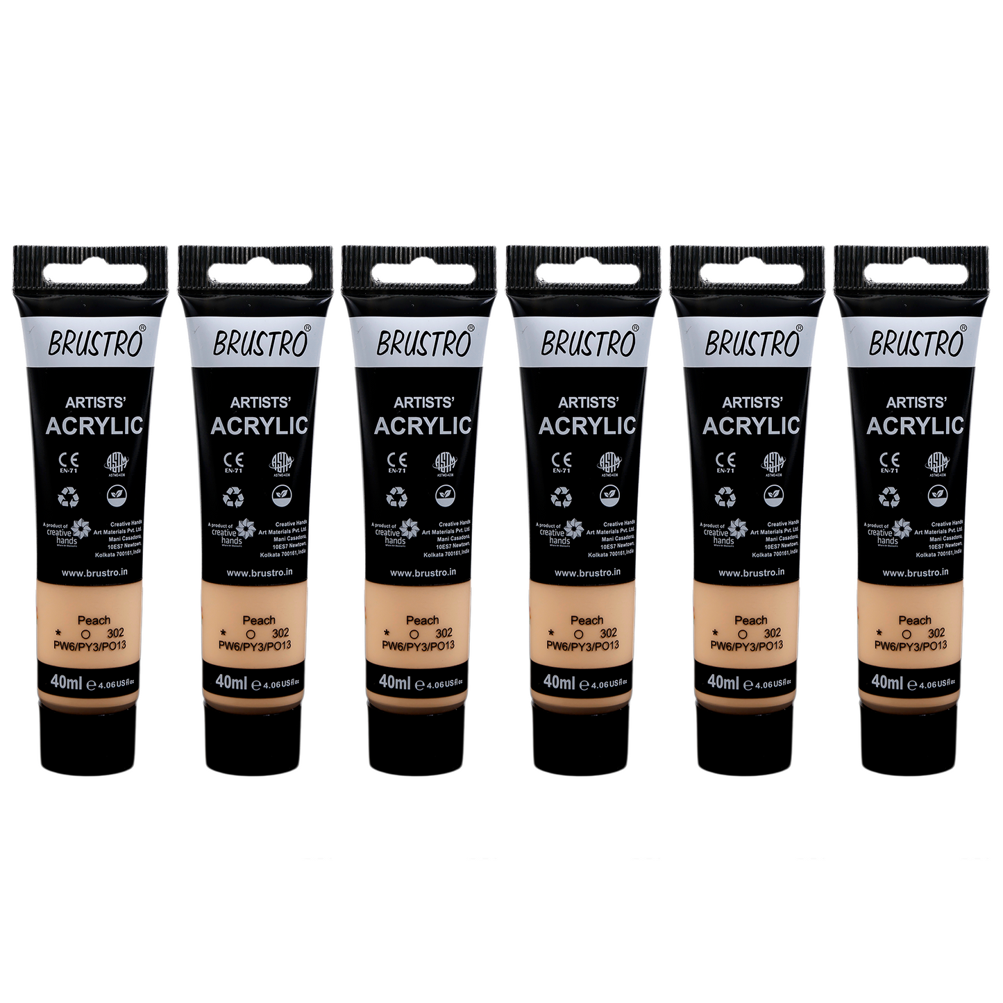 BRUSTRO Artists Acrylic Paint |40ml, Peach, Pastel Tone, Pack Of 6 Tubes|Non-Toxic,Water based,Inter Mixable,Ideal for Painting,Textured Effects on Canvas,Paper,Fine Art Student and Professionals