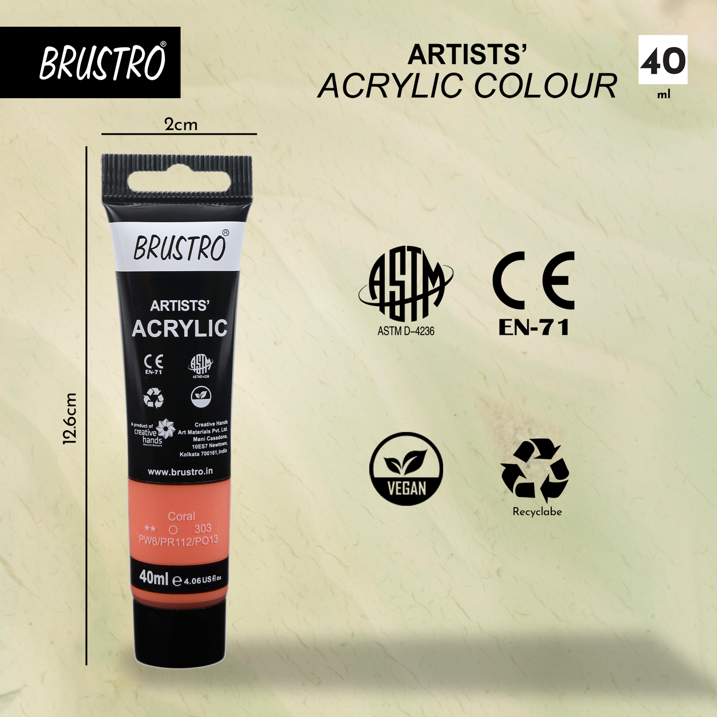 BRUSTRO Artists Acrylic Paint |40ml, Coral, Pastel Tone, Pack Of 6 Tubes|Non-Toxic,Water based,Inter Mixable,Ideal for Painting,Textured Effects on Canvas,Paper,Fine Art Student and Professionals
