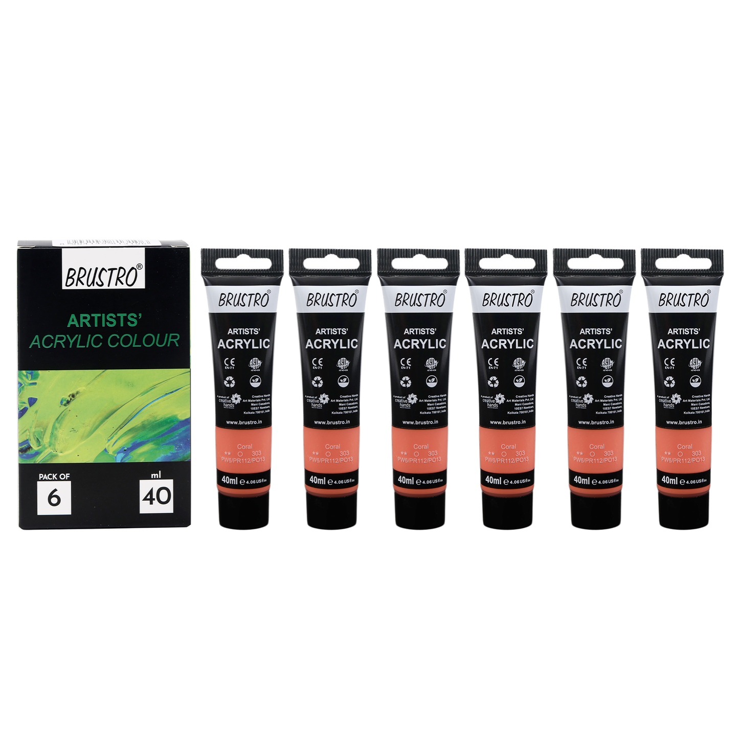BRUSTRO Artists Acrylic Paint |40ml, Coral, Pastel Tone, Pack Of 6 Tubes|Non-Toxic,Water based,Inter Mixable,Ideal for Painting,Textured Effects on Canvas,Paper,Fine Art Student and Professionals