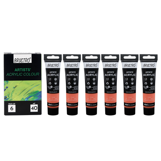 BRUSTRO Artists Acrylic Paint |40ml, Coral, Pastel Tone, Pack Of 6 Tubes|Non-Toxic,Water based,Inter Mixable,Ideal for Painting,Textured Effects on Canvas,Paper,Fine Art Student and Professionals