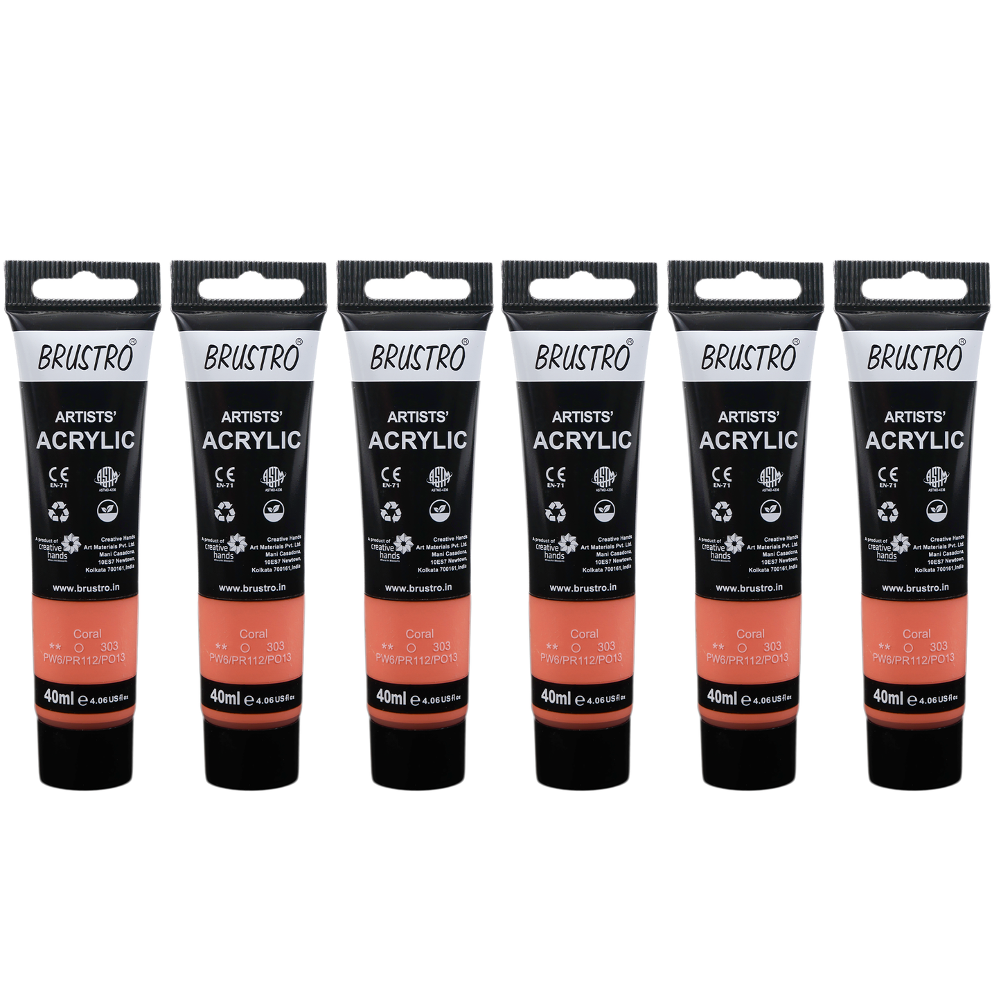 BRUSTRO Artists Acrylic Paint |40ml, Coral, Pastel Tone, Pack Of 6 Tubes|Non-Toxic,Water based,Inter Mixable,Ideal for Painting,Textured Effects on Canvas,Paper,Fine Art Student and Professionals