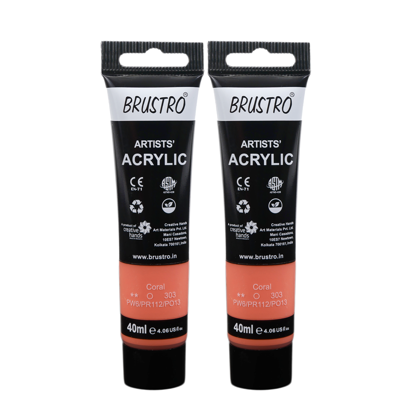 BRUSTRO Artists Acrylic Paint Tube | 40ml, Coral (Pack of 2) | Pastel Tone|Non-Toxic,Water based,Inter Mixable,Ideal for Painting,Textured Effects on Canvas,Paper,Fine Art Student and Professionals