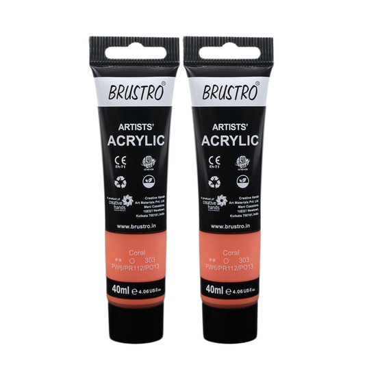 BRUSTRO Artists Acrylic Paint Tube | 40ml, Coral (Pack of 2) | Pastel Tone|Non-Toxic,Water based,Inter Mixable,Ideal for Painting,Textured Effects on Canvas,Paper,Fine Art Student and Professionals
