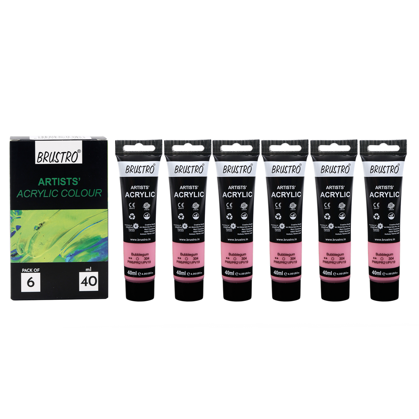 BRUSTRO Artists Acrylic Paint |40ml, Bubblegum, Pastel Tone, Pack Of 6 Tubes|Non-Toxic,Water based,Inter Mixable,Ideal for Painting,Textured Effects on Canvas,Paper,Fine Art Student and Professionals
