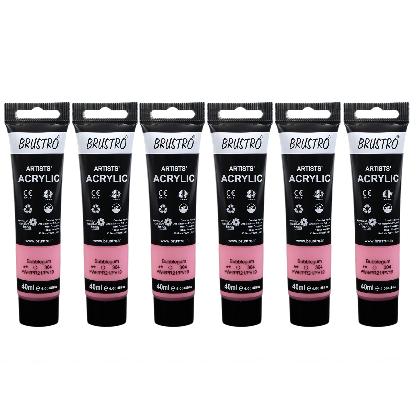 BRUSTRO Artists Acrylic Paint |40ml, Bubblegum, Pastel Tone, Pack Of 6 Tubes|Non-Toxic,Water based,Inter Mixable,Ideal for Painting,Textured Effects on Canvas,Paper,Fine Art Student and Professionals