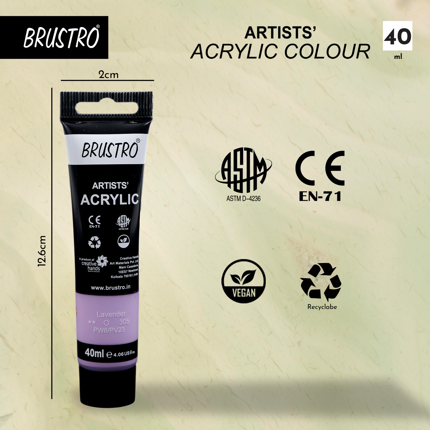 BRUSTRO Artists Acrylic Paint |40ml, Lavender, Pastel Tone, Pack Of 6 Tubes|Non-Toxic,Water based,Inter Mixable,Ideal for Painting,Textured Effects on Canvas,Paper,Fine Art Student and Professionals