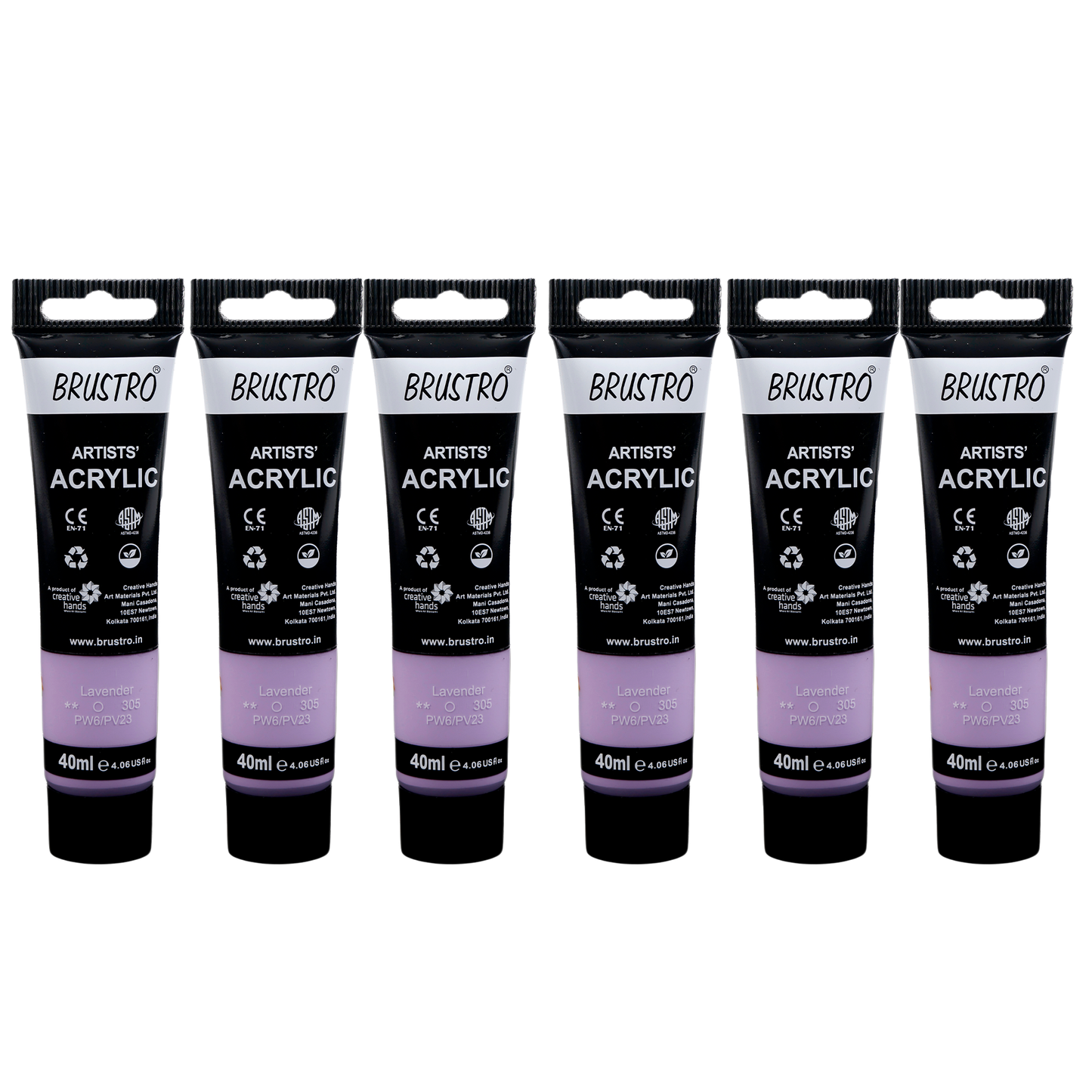 BRUSTRO Artists Acrylic Paint |40ml, Lavender, Pastel Tone, Pack Of 6 Tubes|Non-Toxic,Water based,Inter Mixable,Ideal for Painting,Textured Effects on Canvas,Paper,Fine Art Student and Professionals
