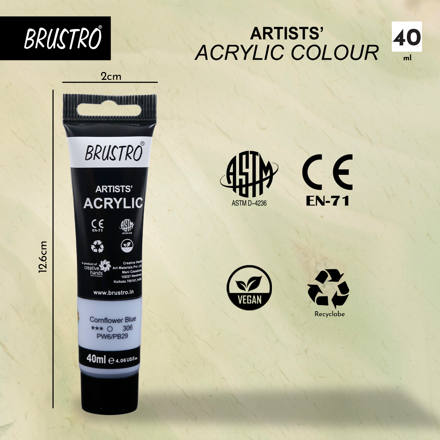 BRUSTRO Artists Acrylic Paint|40ml,Cornflower Blue,Pastel Tone,Pack Of 6 Tubes|Non-Toxic,Water based,Inter Mixable,Ideal for Painting,Textured Effects on Canvas,Paper,Fine Art Student and Professional