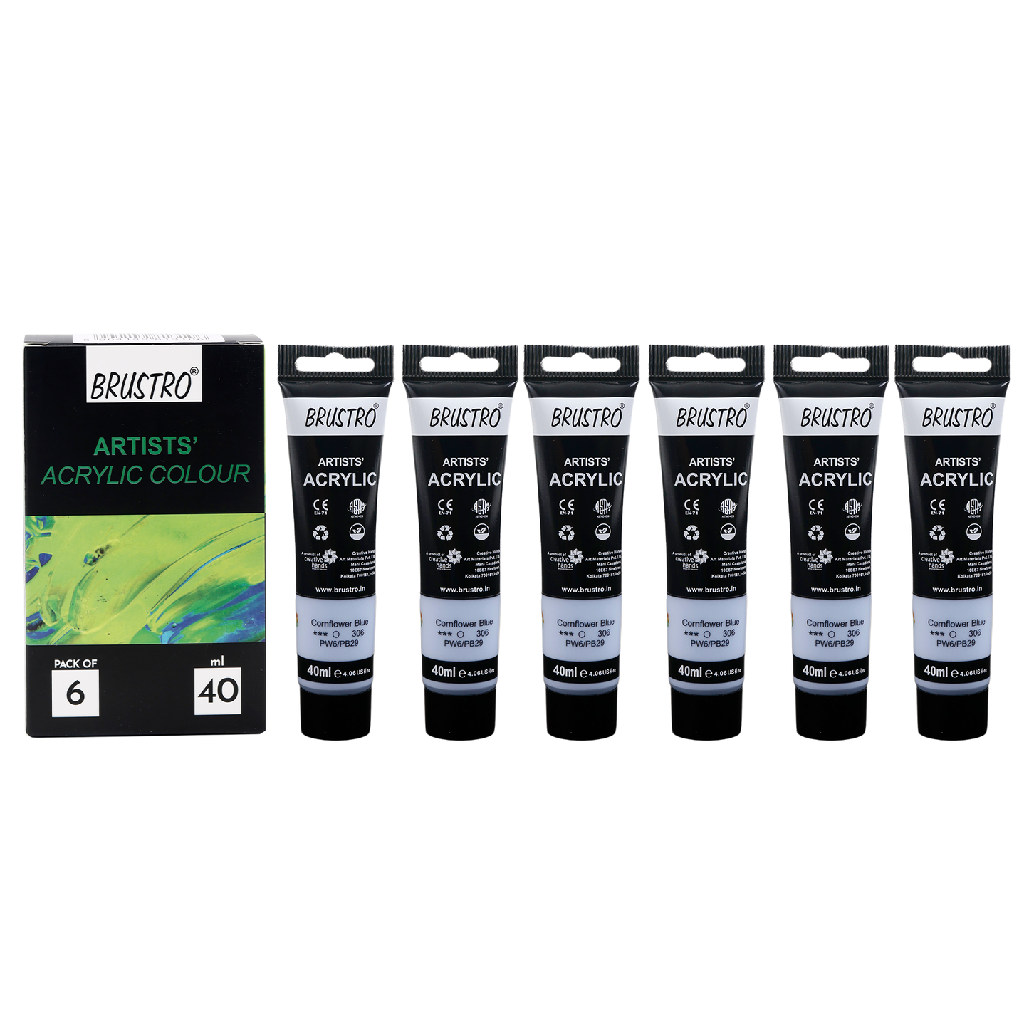 BRUSTRO Artists Acrylic Paint|40ml,Cornflower Blue,Pastel Tone,Pack Of 6 Tubes|Non-Toxic,Water based,Inter Mixable,Ideal for Painting,Textured Effects on Canvas,Paper,Fine Art Student and Professional