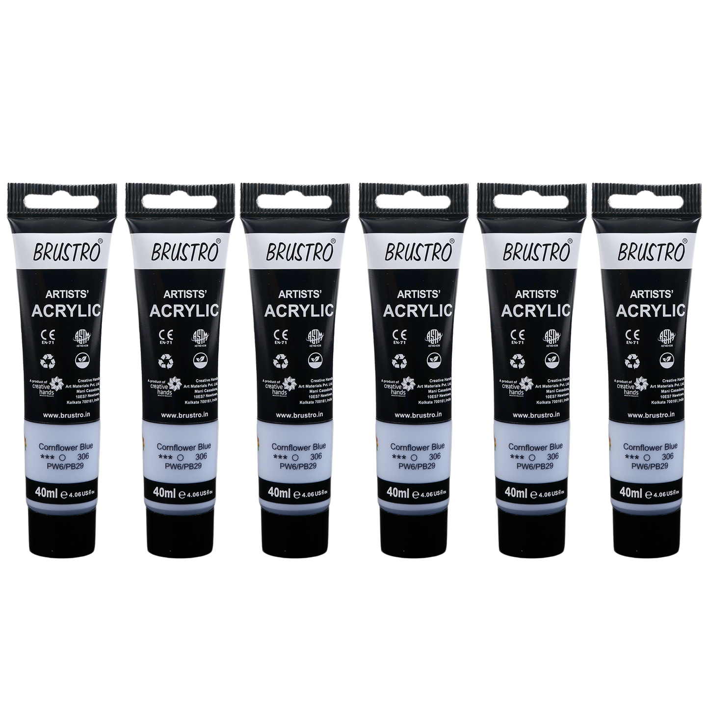 BRUSTRO Artists Acrylic Paint|40ml,Cornflower Blue,Pastel Tone,Pack Of 6 Tubes|Non-Toxic,Water based,Inter Mixable,Ideal for Painting,Textured Effects on Canvas,Paper,Fine Art Student and Professional