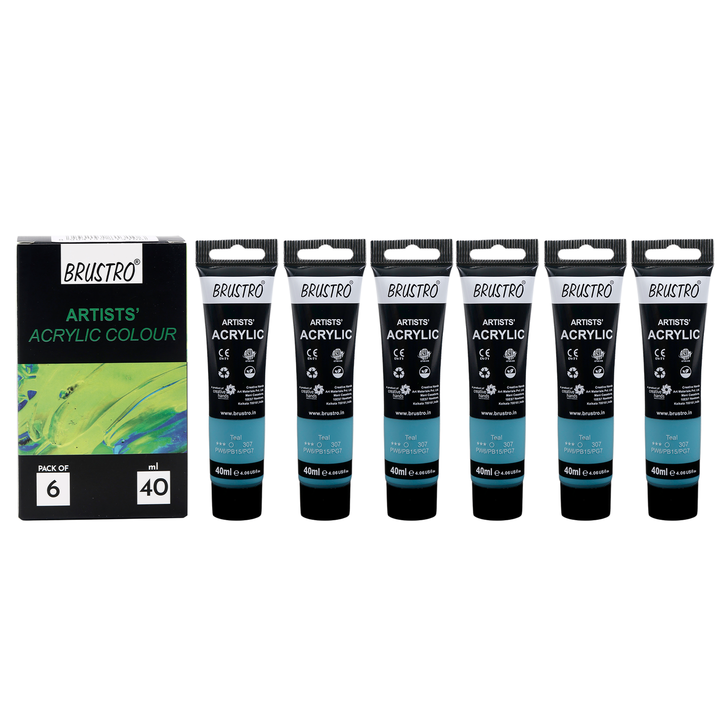 BRUSTRO Artists Acrylic Paint |40ml, Teal, Pastel Tone, Pack Of 6 Tubes|Non-Toxic,Water based,Inter Mixable,Ideal for Painting,Textured Effects on Canvas,Paper,Fine Art Student and Professionals