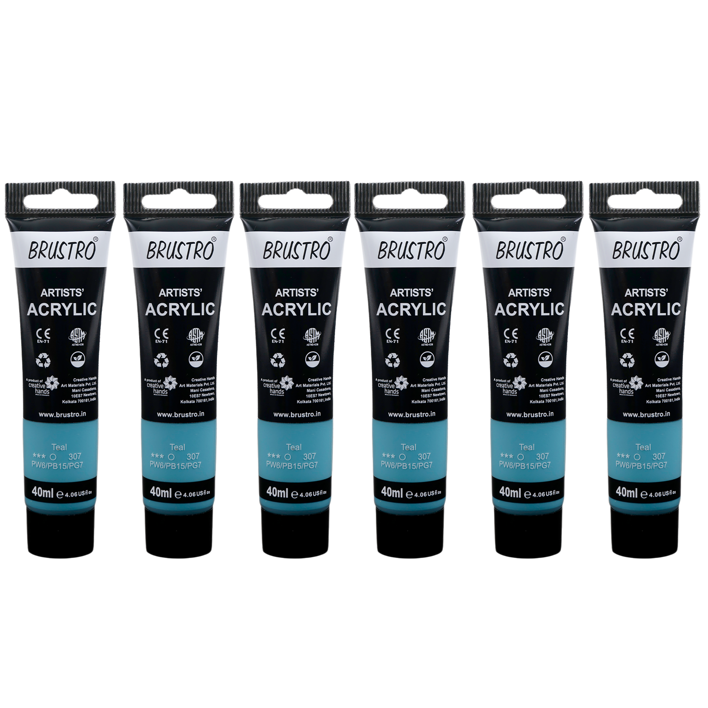 BRUSTRO Artists Acrylic Paint |40ml, Teal, Pastel Tone, Pack Of 6 Tubes|Non-Toxic,Water based,Inter Mixable,Ideal for Painting,Textured Effects on Canvas,Paper,Fine Art Student and Professionals