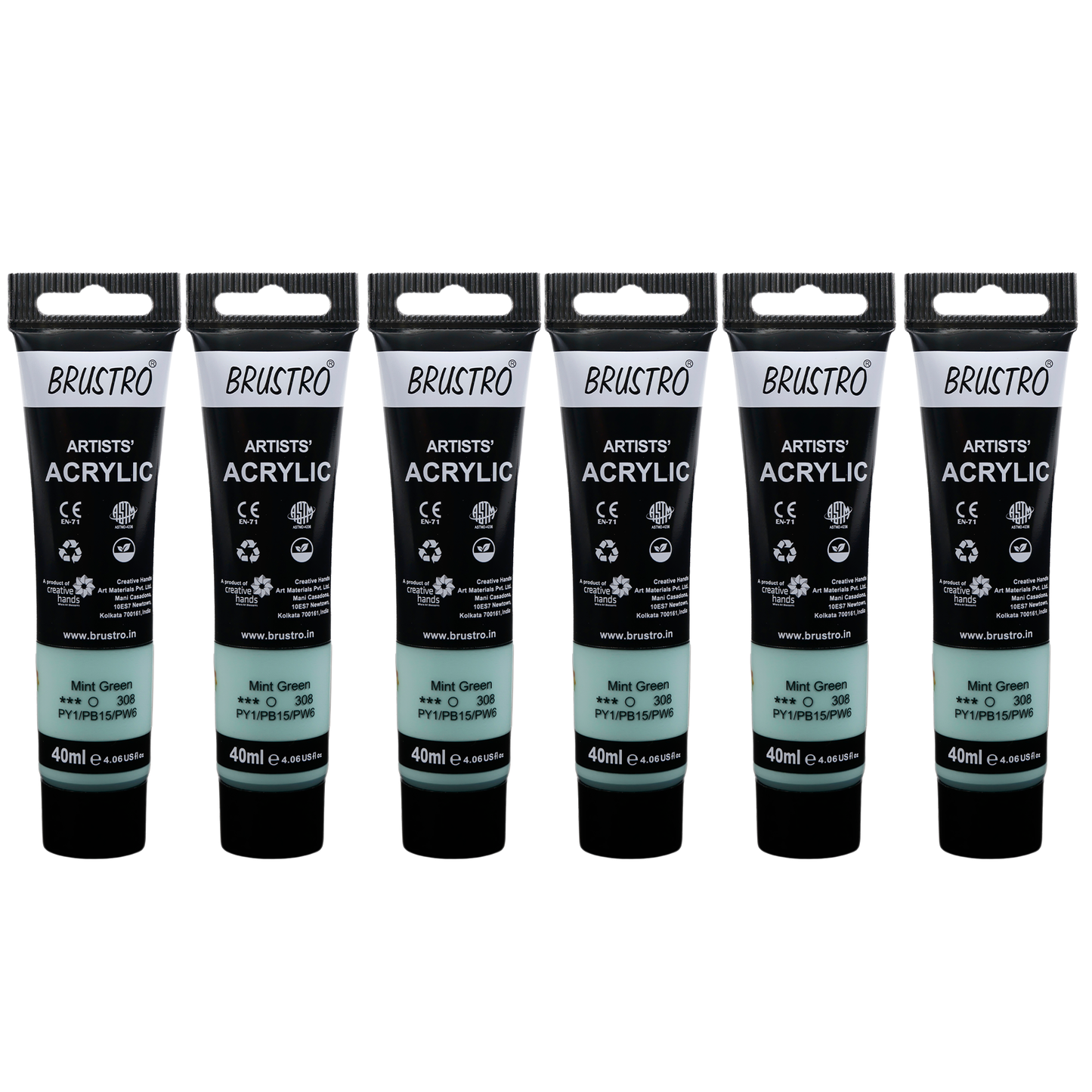 BRUSTRO Artists Acrylic Paint |40ml, Mint Green, Pastel Tone, Pack Of 6 Tubes|Non-Toxic,Water based,Inter Mixable,Ideal for Painting,Textured Effects on Canvas,Paper,Fine Art Student and Professionals