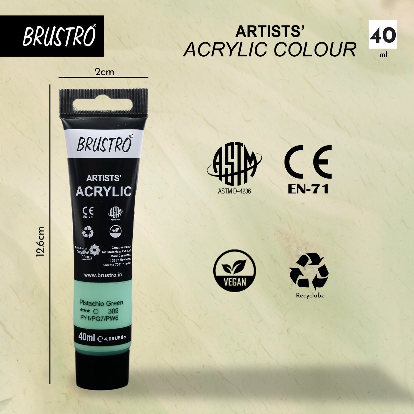BRUSTRO Artists Acrylic Paint|40ml,Pistachio Green,Pastel Tone,Pack Of 6 Tubes|Non-Toxic,Water based,Inter Mixable,Ideal for Painting,Textured Effects on Canvas,Paper,Fine Art Student and Professional