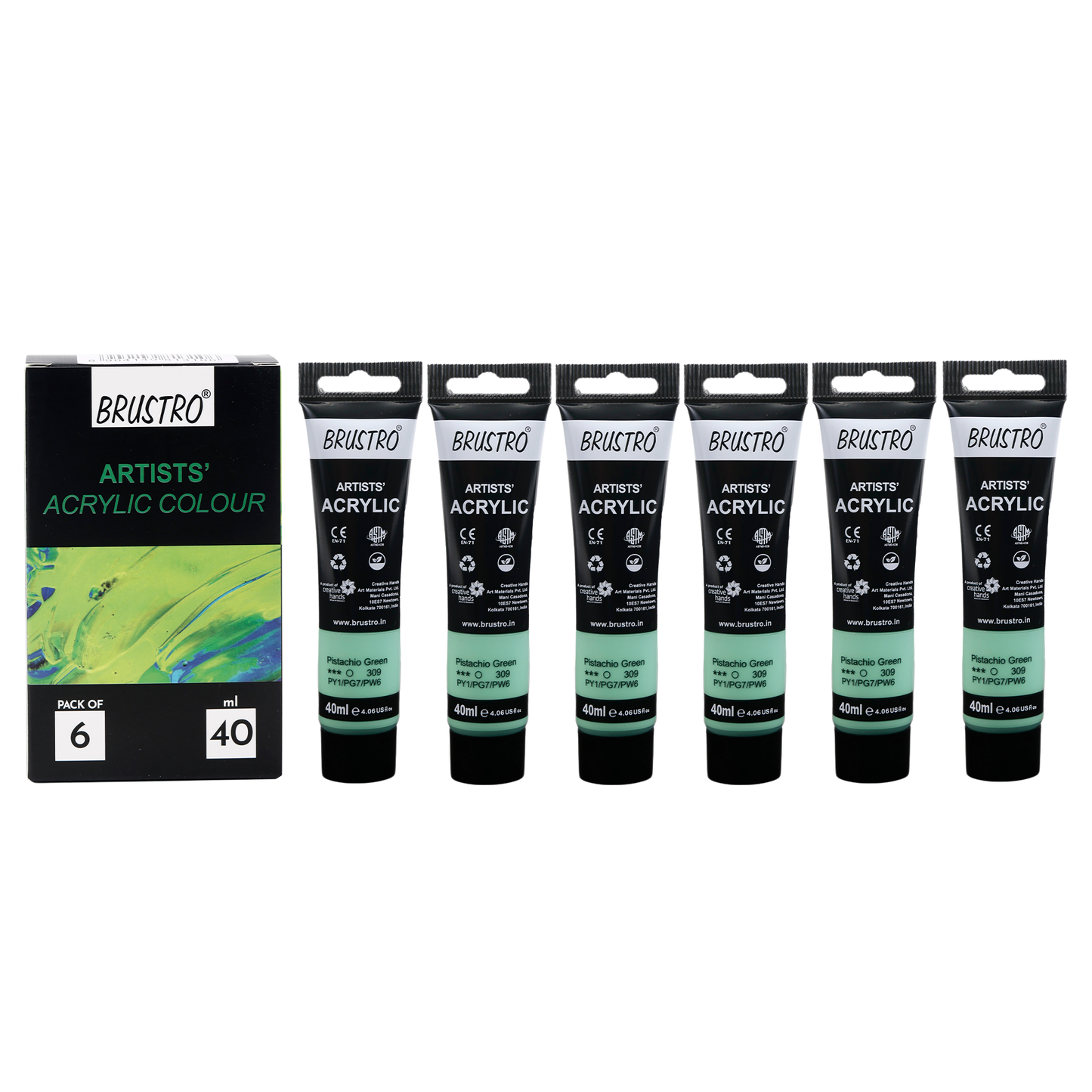 BRUSTRO Artists Acrylic Paint|40ml,Pistachio Green,Pastel Tone,Pack Of 6 Tubes|Non-Toxic,Water based,Inter Mixable,Ideal for Painting,Textured Effects on Canvas,Paper,Fine Art Student and Professional