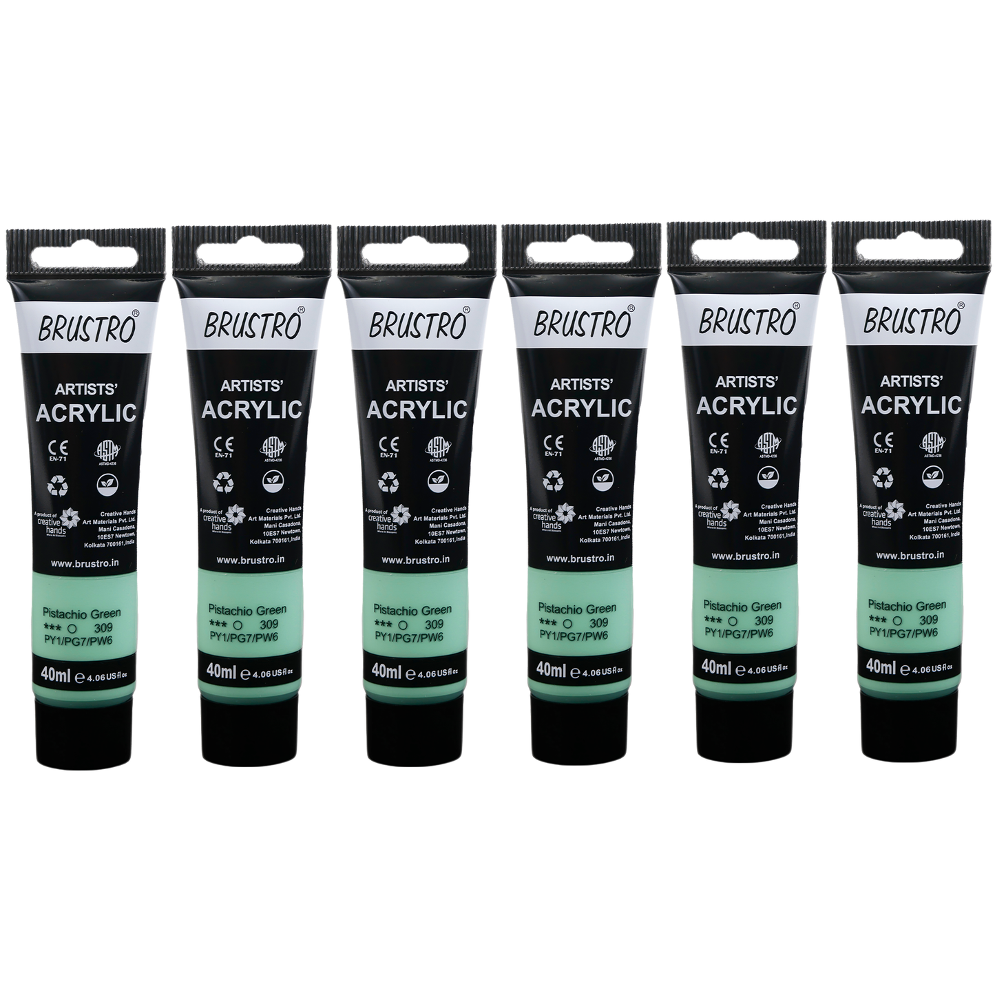 BRUSTRO Artists Acrylic Paint|40ml,Pistachio Green,Pastel Tone,Pack Of 6 Tubes|Non-Toxic,Water based,Inter Mixable,Ideal for Painting,Textured Effects on Canvas,Paper,Fine Art Student and Professional