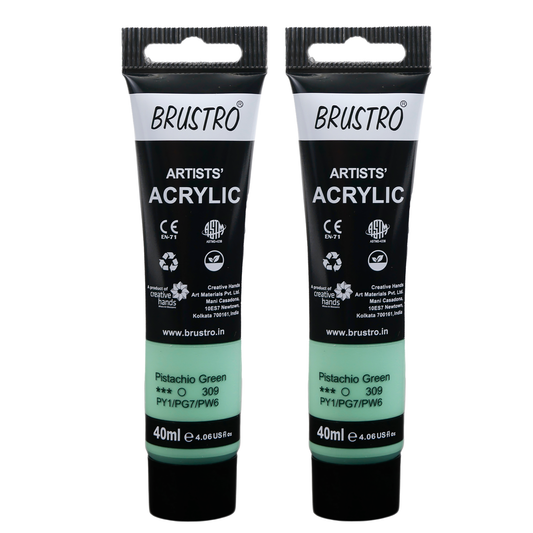 BRUSTRO Artists Acrylic Paint Tube | 40ml, Pistachio Green (Pack of 2) | Pastel Tone|Non-Toxic, Water based, Inter Mixable,Ideal for Painting, Textured Effects on Canvas, Paper, Fine Art Student