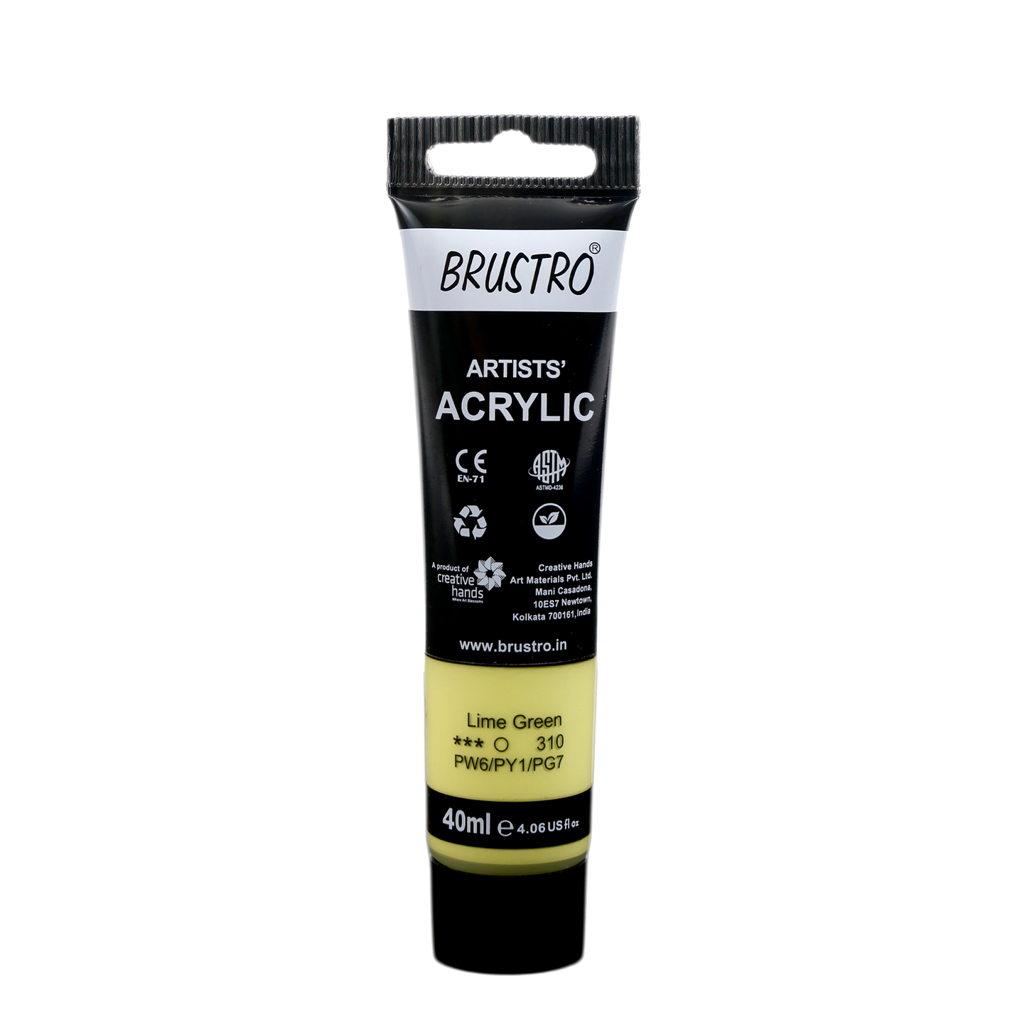 BRUSTRO Artists Acrylic Paint Tube | 40ml, Lime Green | Pastel Tone|Non-Toxic, Water based, Inter Mixable, Ideal for Painting, Textured Effects on Canvas, Paper, Fine Art Student and Professionals