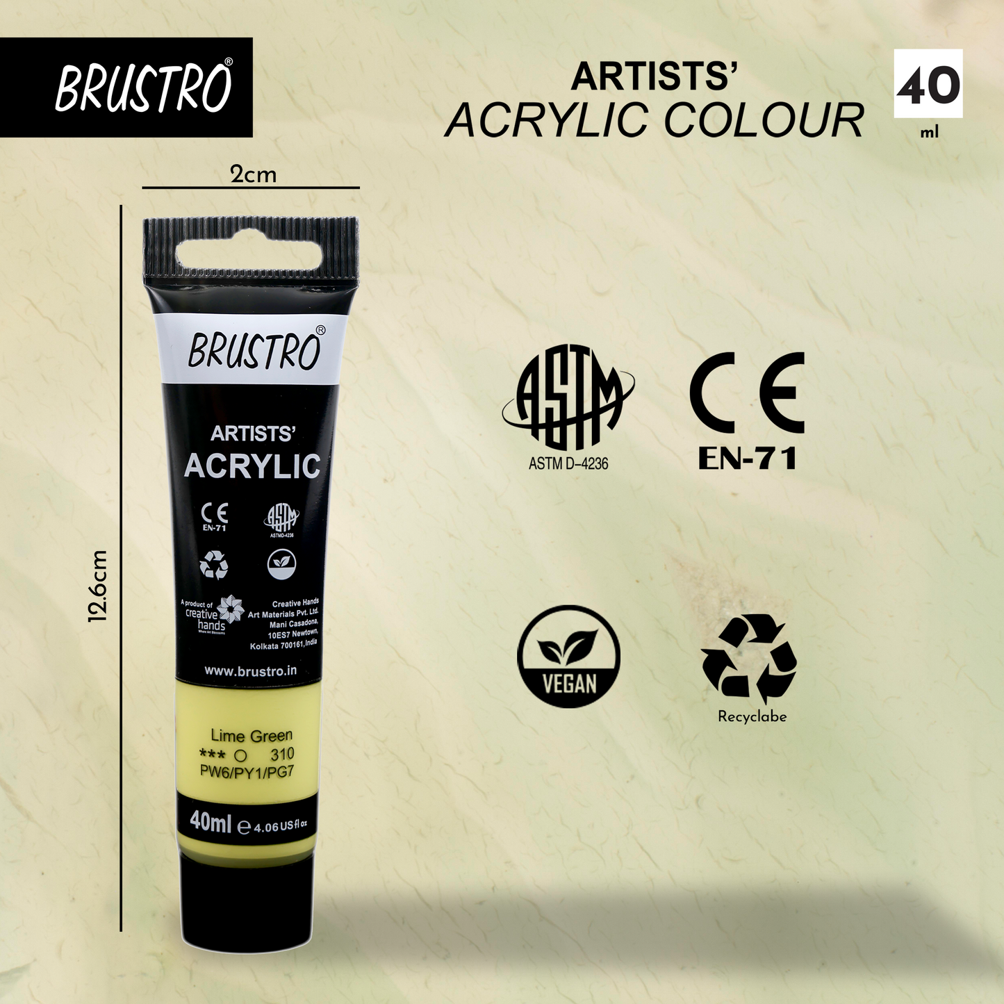 BRUSTRO Artists Acrylic Paint Tube | 40ml, Lime Green (Pack of 2) | Pastel Tone|Non-Toxic,Water based,Inter Mixable,Ideal for Painting,Textured Effects on Canvas,Paper,Fine Art Student