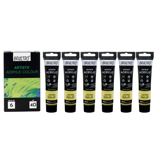 BRUSTRO Artists Acrylic Paint |40ml, Lime Green, Pastel Tone, Pack Of 6 Tubes|Non-Toxic,Water based,Inter Mixable,Ideal for Painting,Textured Effects on Canvas,Paper,Fine Art Student and Professionals