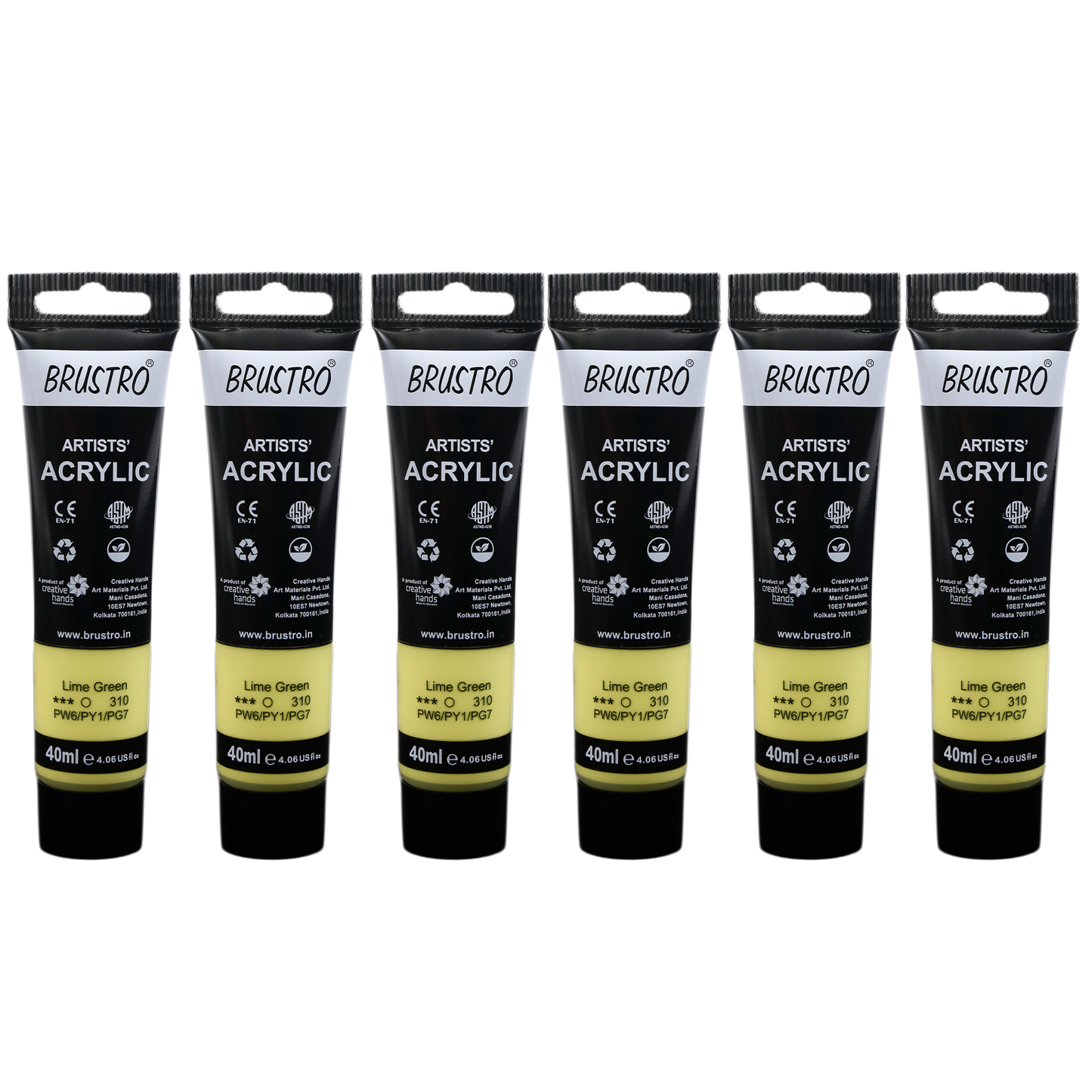 BRUSTRO Artists Acrylic Paint |40ml, Lime Green, Pastel Tone, Pack Of 6 Tubes|Non-Toxic,Water based,Inter Mixable,Ideal for Painting,Textured Effects on Canvas,Paper,Fine Art Student and Professionals