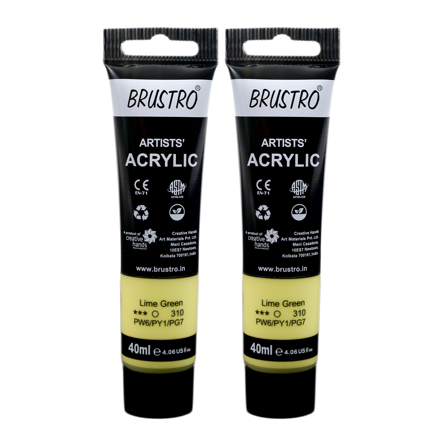 BRUSTRO Artists Acrylic Paint Tube | 40ml, Lime Green (Pack of 2) | Pastel Tone|Non-Toxic,Water based,Inter Mixable,Ideal for Painting,Textured Effects on Canvas,Paper,Fine Art Student