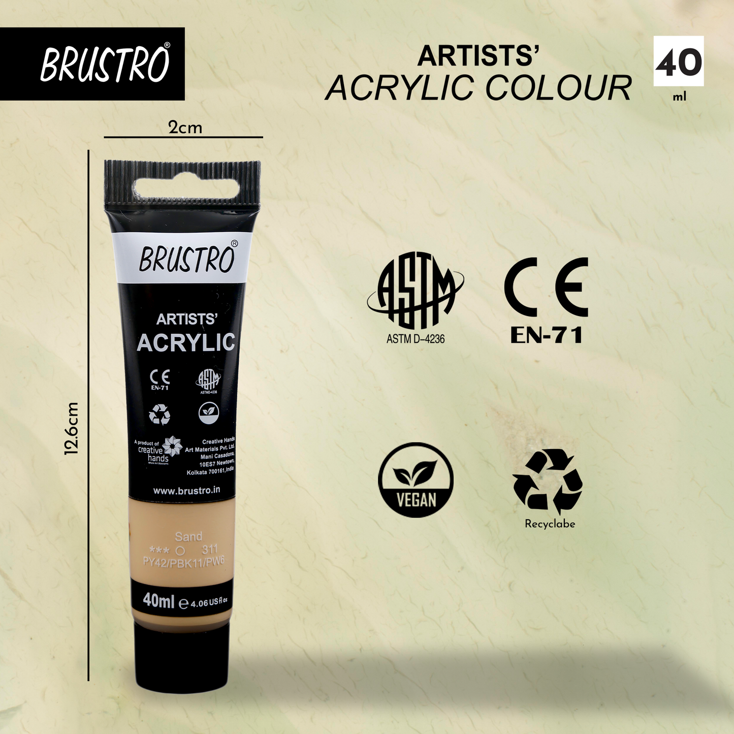 BRUSTRO Artists Acrylic Paint Tube | 40ml, Sand | Pastel Tone|Non-Toxic, Water based, Inter Mixable, Ideal for Painting, Textured Effects on Canvas, Paper, Fine Art Student and Professionals