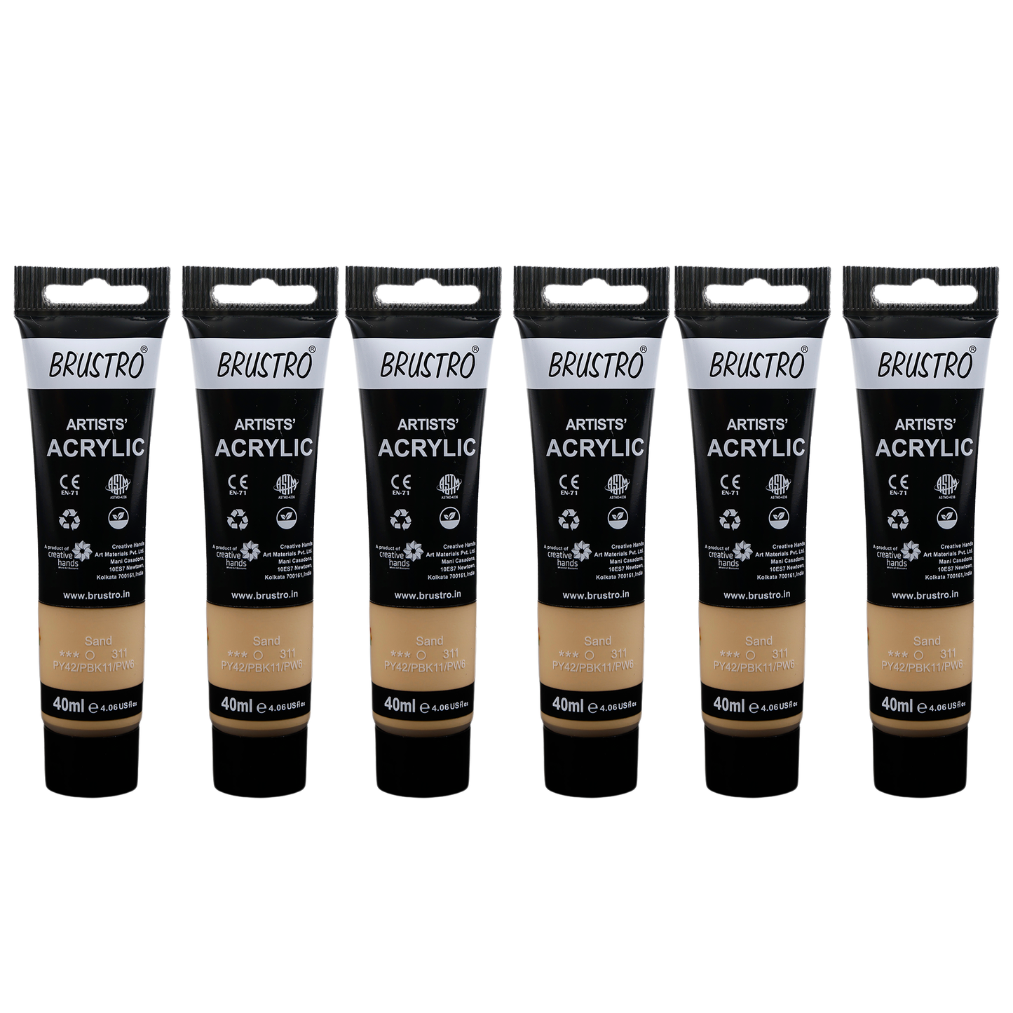 BRUSTRO Artists Acrylic Paint |40ml, Sand, Pastel Tone, Pack Of 6 Tubes|Non-Toxic,Water based,Inter Mixable,Ideal for Painting,Textured Effects on Canvas,Paper,Fine Art Student and Professionals