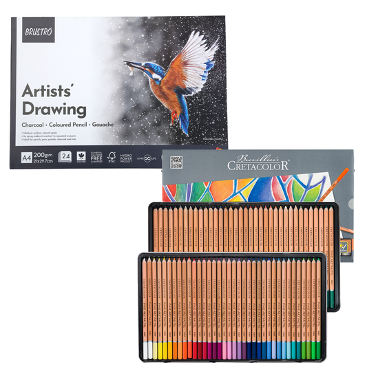 Brustro Artist Drawing Glued Pad (200 GSM,A4,24 Sheets,Natural Grain,Medium Surface) With Cretacolor Fine Art Pastel Pencil Set of 72,Blue (in a Tin Box)|Ideal for Sketching,Painting,Charcoal,Gouache
