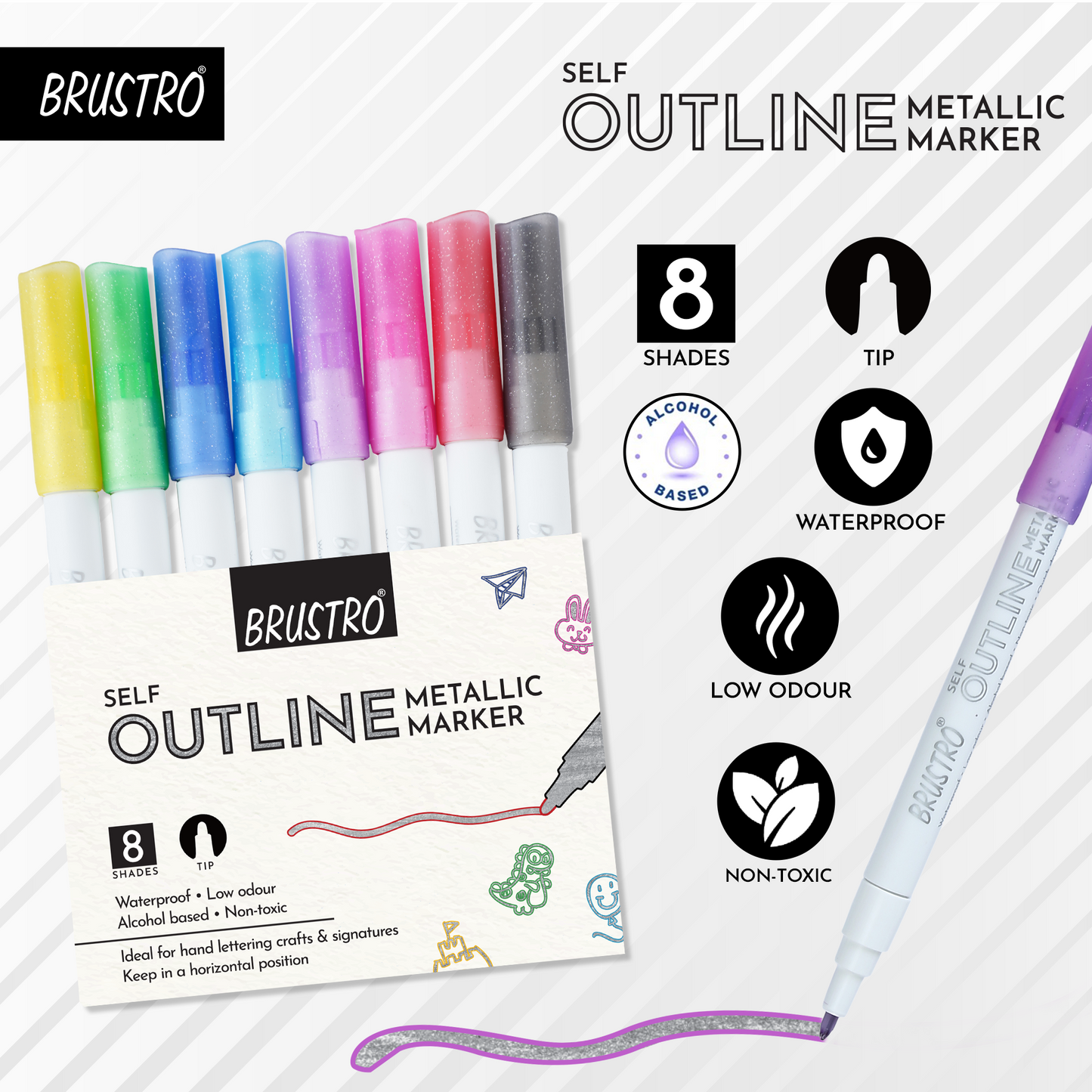 BRUSTRO Self Outline Metallic Marker Set Of 8