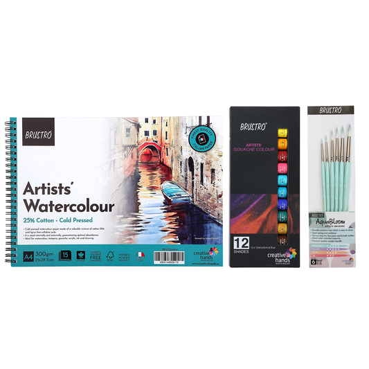 BRUSTRO Artist's Gouache Colours (Set of 12x12ml Tubes) With Watercolour Wiro Bound Paper Pad | 300 GSM, A4, 25% Cotton, Cold Pressed, 15 Sheets and AquaBloom Paint Brushes (Set of 6, Round)