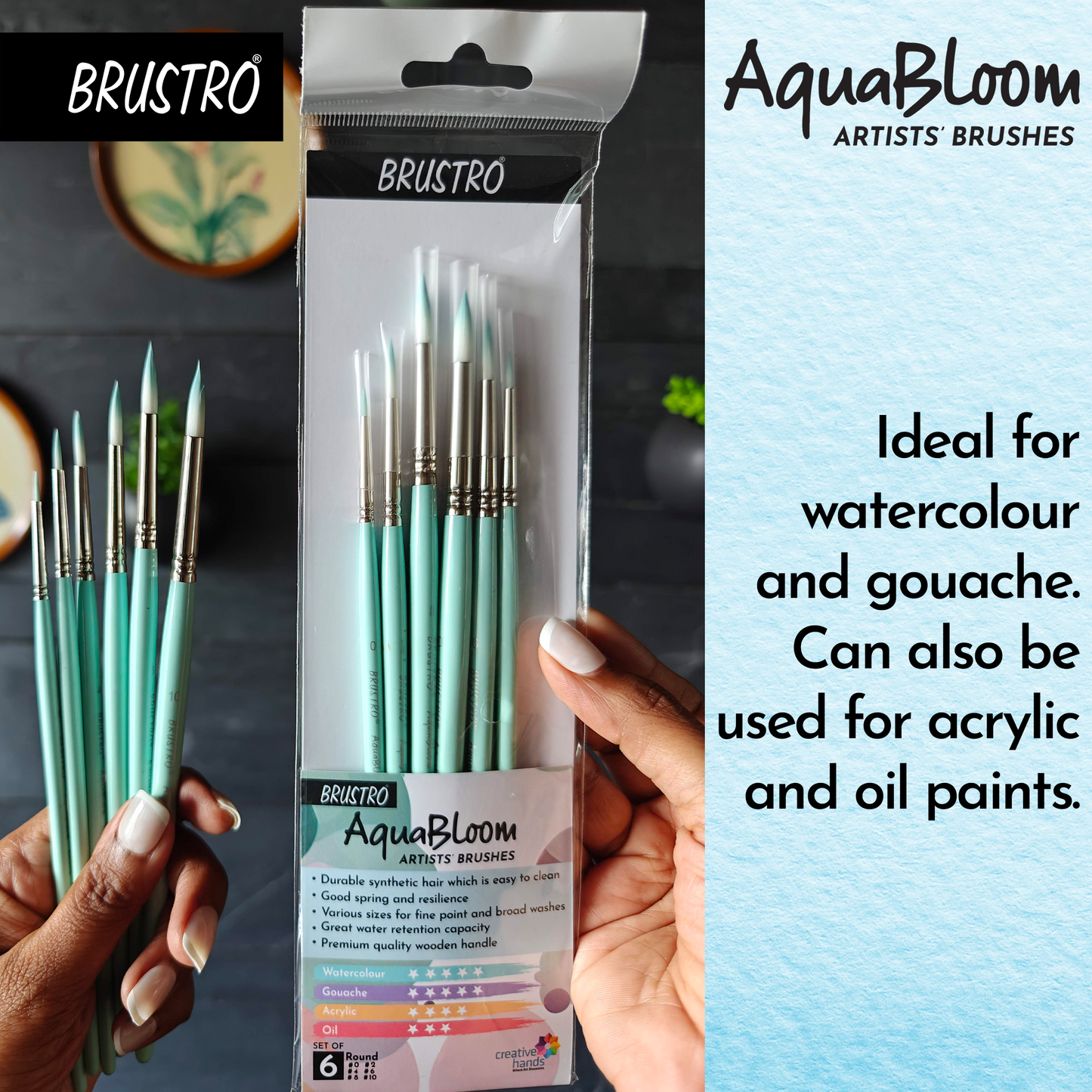 BRUSTRO AquaBloom Artist's Paint Brushes | Round | Set of 6 - Sizes (0, 2, 4, 6, 8, 10) | Wooden Handle, Comfortable Grip, Synthetic Bristles, Ideal for Watercolour, Gouache, Painting.