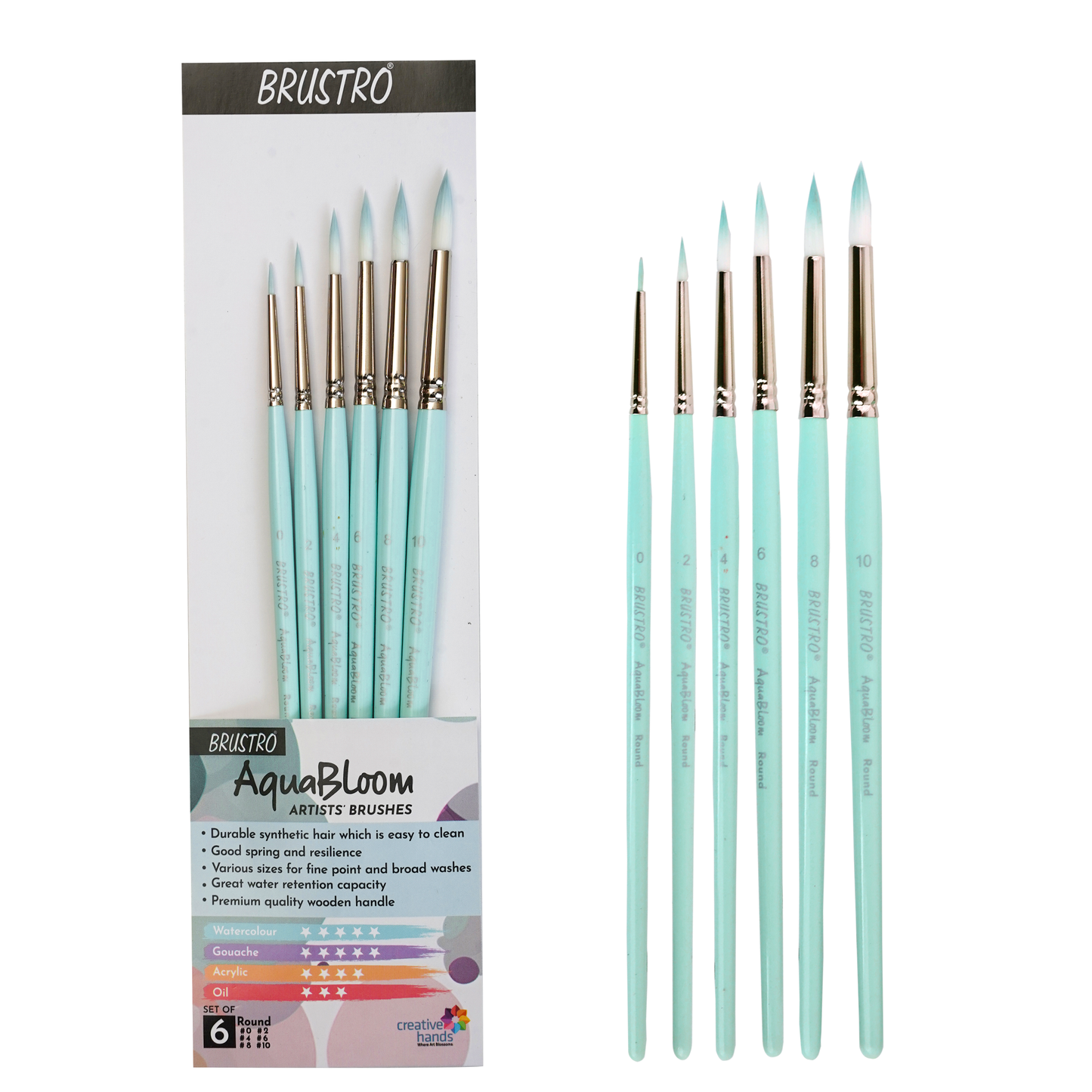 BRUSTRO AquaBloom Artist's Paint Brushes | Round | Set of 6 - Sizes (0, 2, 4, 6, 8, 10) | Wooden Handle, Comfortable Grip, Synthetic Bristles, Ideal for Watercolour, Gouache, Painting.