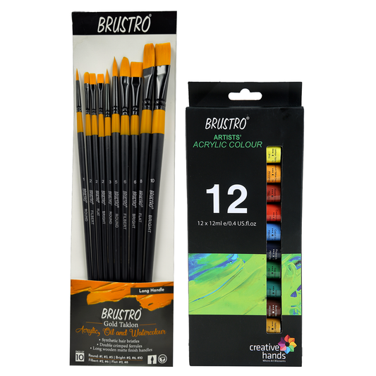 BRUSTRO Artist's Acrylic Colour | Set of 12 Colours X 12ml Tubes with Artists Gold TAKLON Brushes - Set of 10 | Ideal for Non-Craking Paint for Canvas, Wood,Leather,Portrait