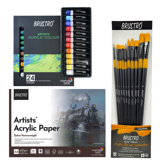BRUSTRO Artists ’ Acrylic Colour Set of 24 Colours X 12ML Tubes with Glued Pad 400 GSM, A4-12 Sheets and Gold TAKLON Set of 10 Brushes