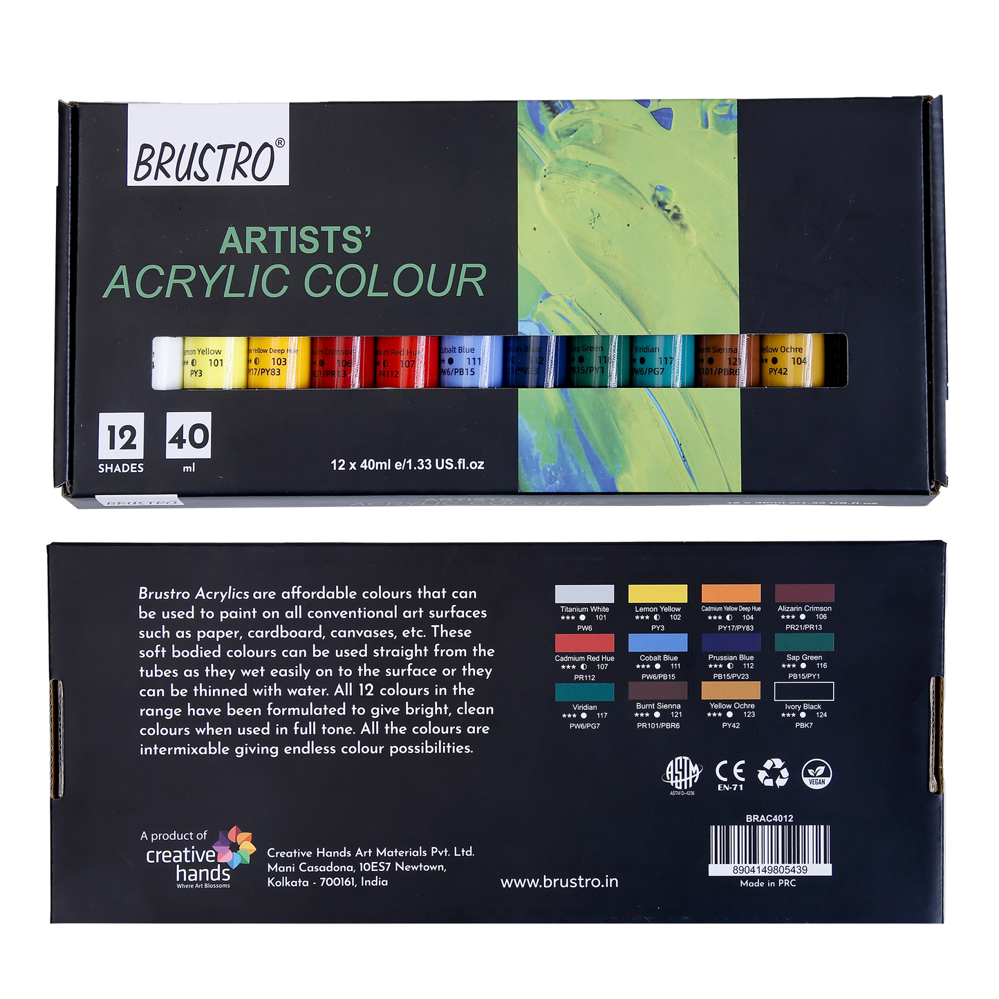 Brustro Artists Acrylic Colour Paint - Set of 12, 40ml Color Tubes | Vibrant Shades,Soft Bodied,Water-based,Non-toxic,Inter-mixable,Ideal for Paper,Canvas,Cardboard, Fine Art Students,Professionals