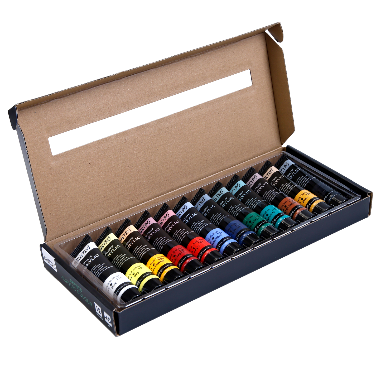 BRUSTRO Artists Acrylic Colour Paint - Set of 12, 40ml Color Tubes | Vibrant Shades,Soft Bodied,Water-based,Non-toxic,Inter-mixable,Ideal for Paper,Canvas,Cardboard, Fine Art Students,Professionals