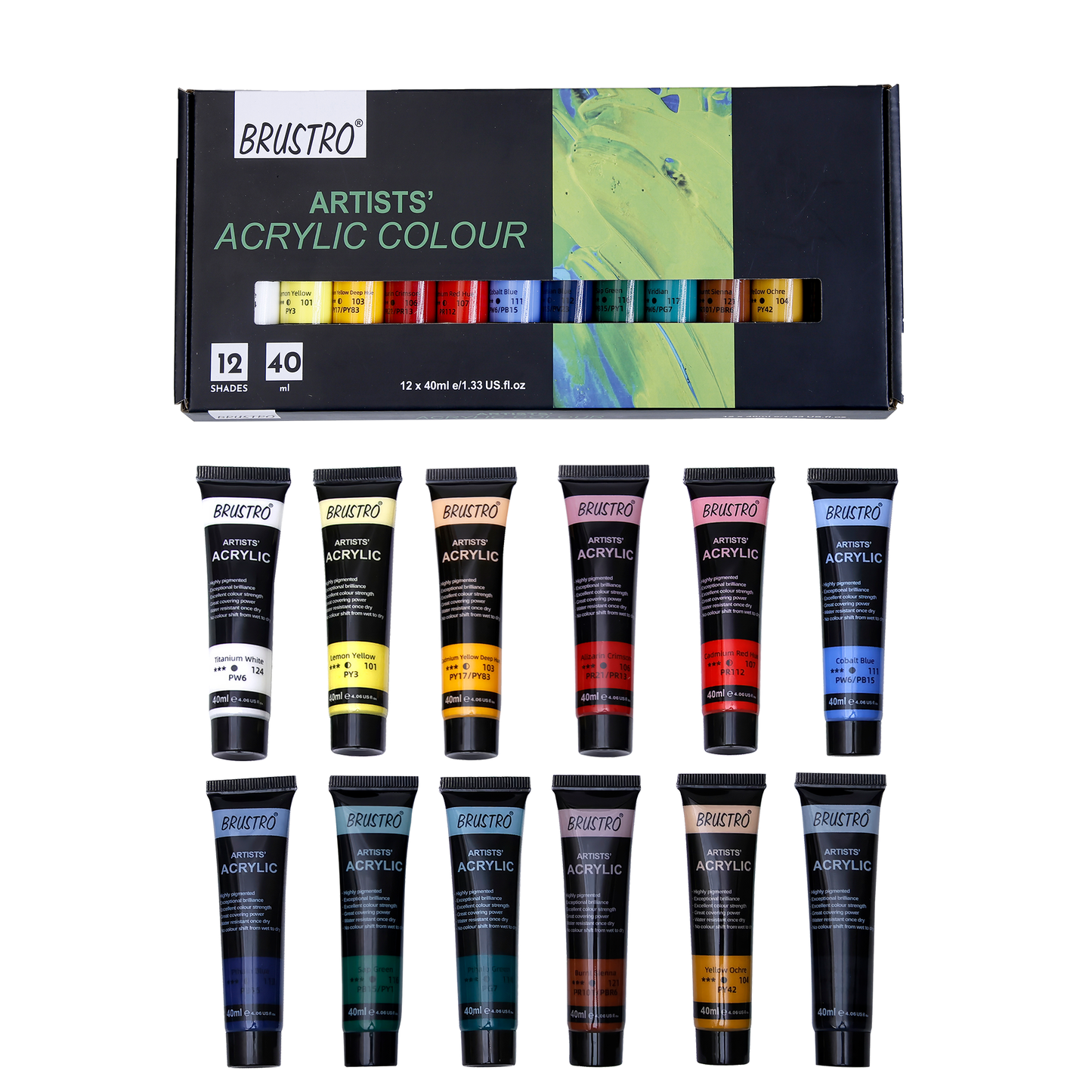 BRUSTRO Artists Acrylic Colour Paint - Set of 12, 40ml Color Tubes | Vibrant Shades,Soft Bodied,Water-based,Non-toxic,Inter-mixable,Ideal for Paper,Canvas,Cardboard, Fine Art Students,Professionals