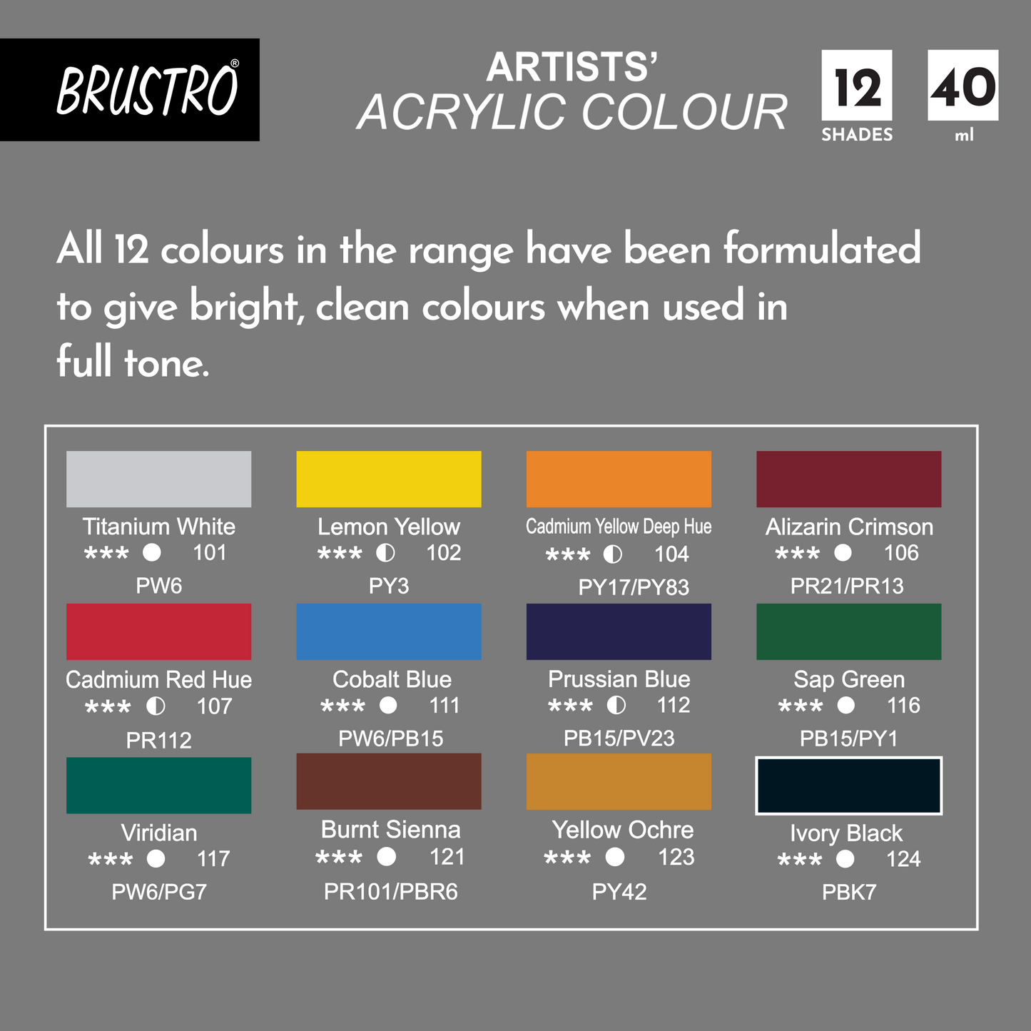 BRUSTRO Artists Acrylic Colour Paint - Set of 12, 40ml Color Tubes | Vibrant Shades,Soft Bodied,Water-based,Non-toxic,Inter-mixable,Ideal for Paper,Canvas,Cardboard, Fine Art Students,Professionals