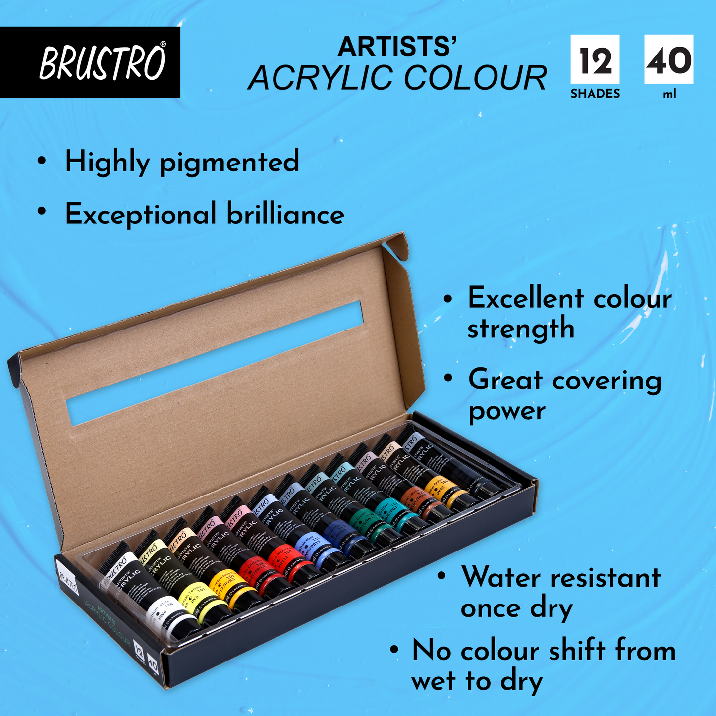 BRUSTRO Artists Acrylic Colour Paint - Set of 12, 40ml Color Tubes | Vibrant Shades,Soft Bodied,Water-based,Non-toxic,Inter-mixable,Ideal for Paper,Canvas,Cardboard, Fine Art Students,Professionals