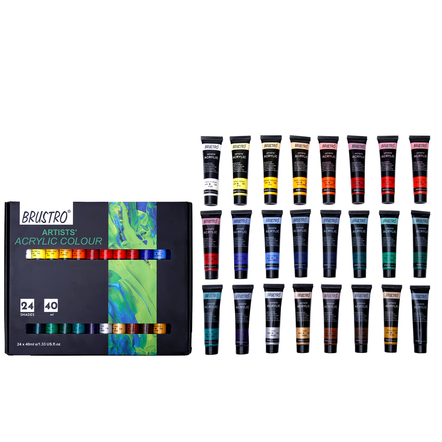 BRUSTRO Artists Acrylic Colour Paint - Set of 24, 40ml Color Tubes | Vibrant Shades,Soft Bodied,Water-based,Non-toxic,Inter-mixable,Ideal for Paper,Canvas,Cardboard, Fine Art Students,Professionals