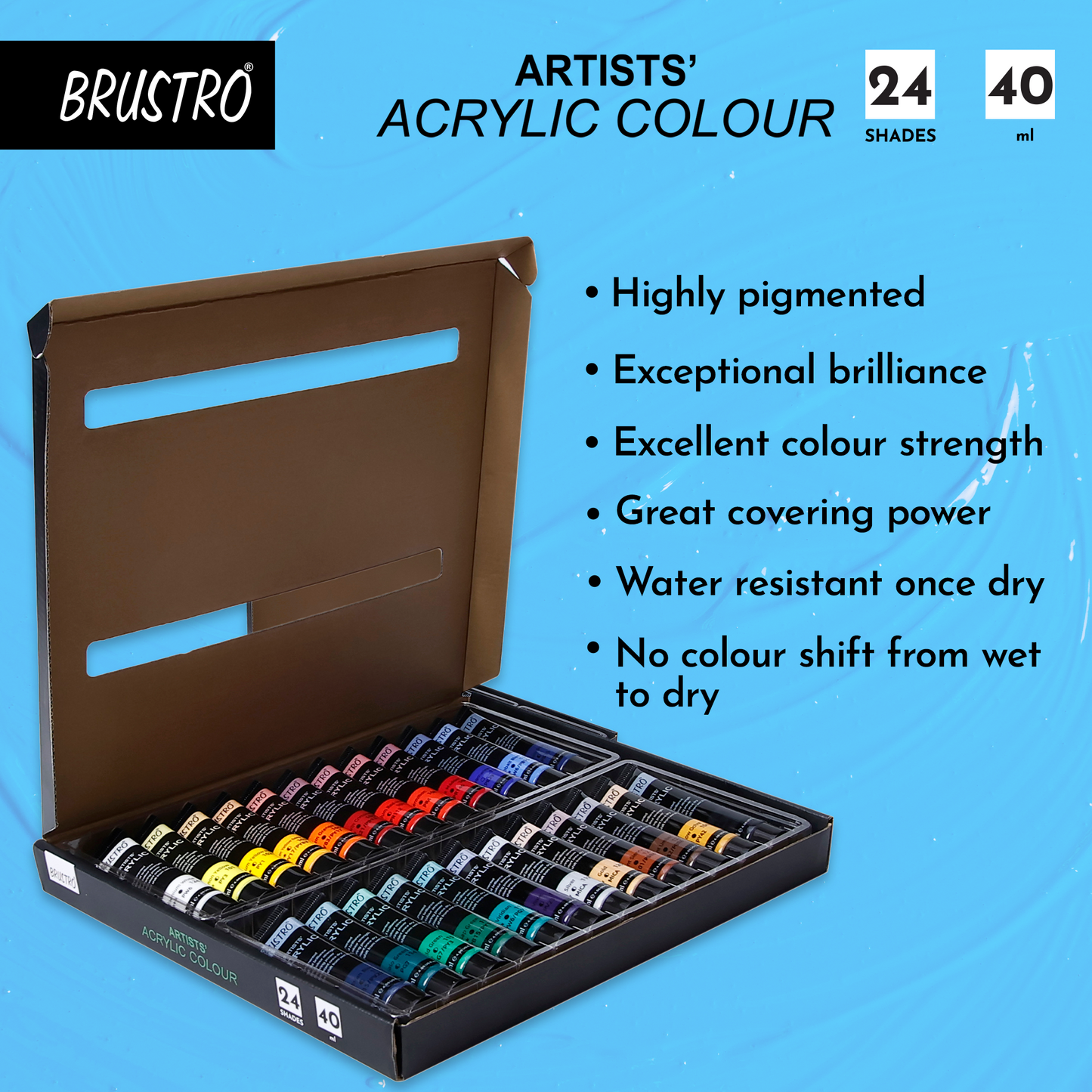 BRUSTRO Artists Acrylic Colour Paint - Set of 24, 40ml Color Tubes | Vibrant Shades,Soft Bodied,Water-based,Non-toxic,Inter-mixable,Ideal for Paper,Canvas,Cardboard, Fine Art Students,Professionals