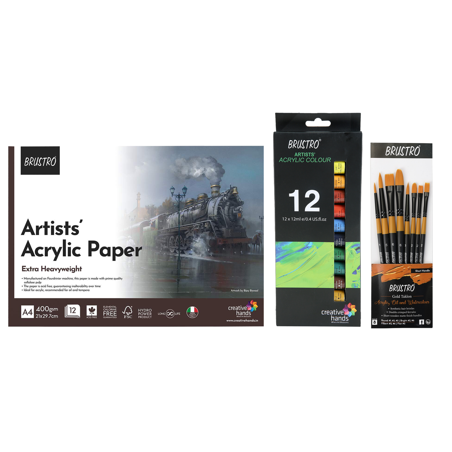 BRUSTRO Artist's Acrylic Colours (Set of 12x12 ml Tubes) With Glued Paper Pad 400 GSM, A4-12 Sheets and Gold Taklon Brushes, Set of 8|Ideal For Professional Painting, Fine Art, Wet Techniques