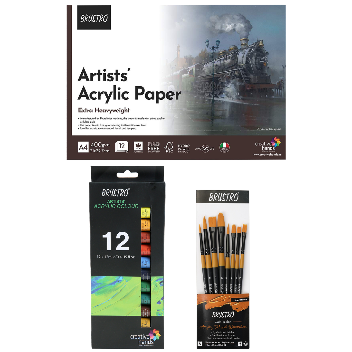 BRUSTRO Artist's Acrylic Colours (Set of 12x12 ml Tubes) With Glued Paper Pad 400 GSM, A4-12 Sheets and Gold Taklon Brushes, Set of 8|Ideal For Professional Painting, Fine Art, Wet Techniques