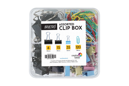 BRUSTRO Assorted Clip Box | Includes 120 Paper Clips-28mm & 56 Binder Clips (25mm- 6 pcs| 19mm- 15 pcs| 15mm- 35pcs) | Home, Office, Stationery use, Ideal for Students and Adults, Reusable, Flexible