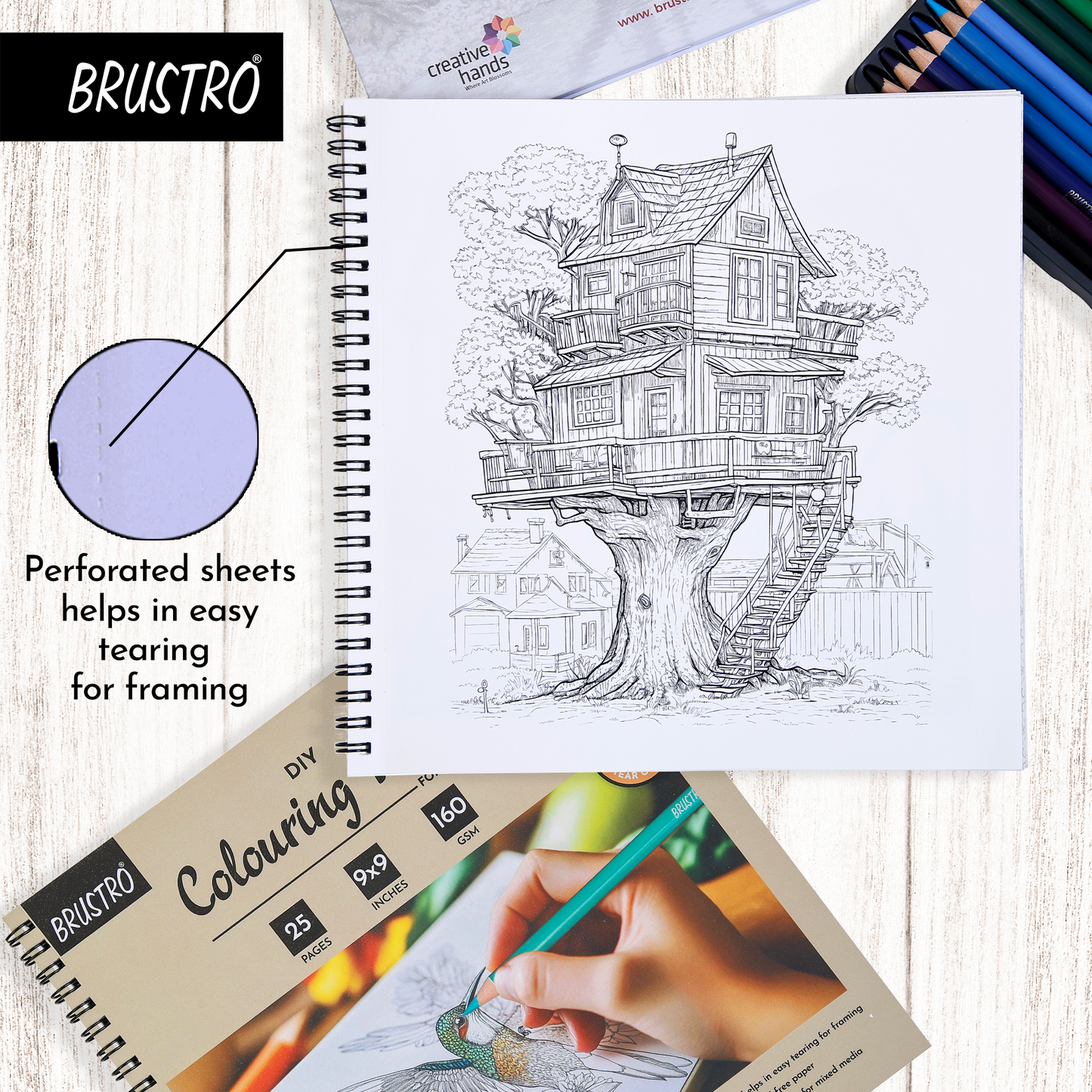 BRUSTRO DIY Colouring Book for Adults | 9x9 inches, 160 GSM, 25 Perforated Sheets | Ideal for Fineliners, Colour Pencils, Brush Pens, Markers.