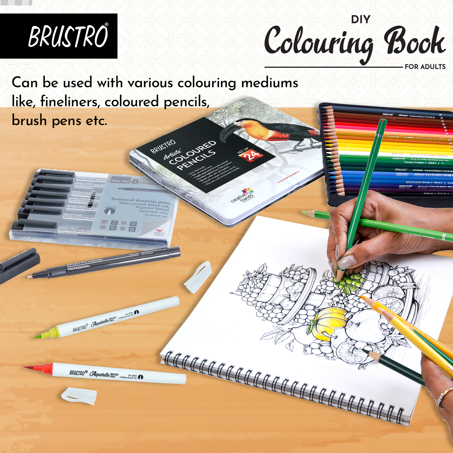 BRUSTRO DIY Colouring Book for Adults | 9x9 inches, 160 GSM, 25 Perforated Sheets | Ideal for Fineliners, Colour Pencils, Brush Pens, Markers.